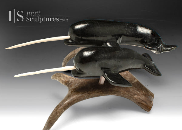 9” Narwhals Mother & Calf by Isaaci Oqutaq *Together Forever*